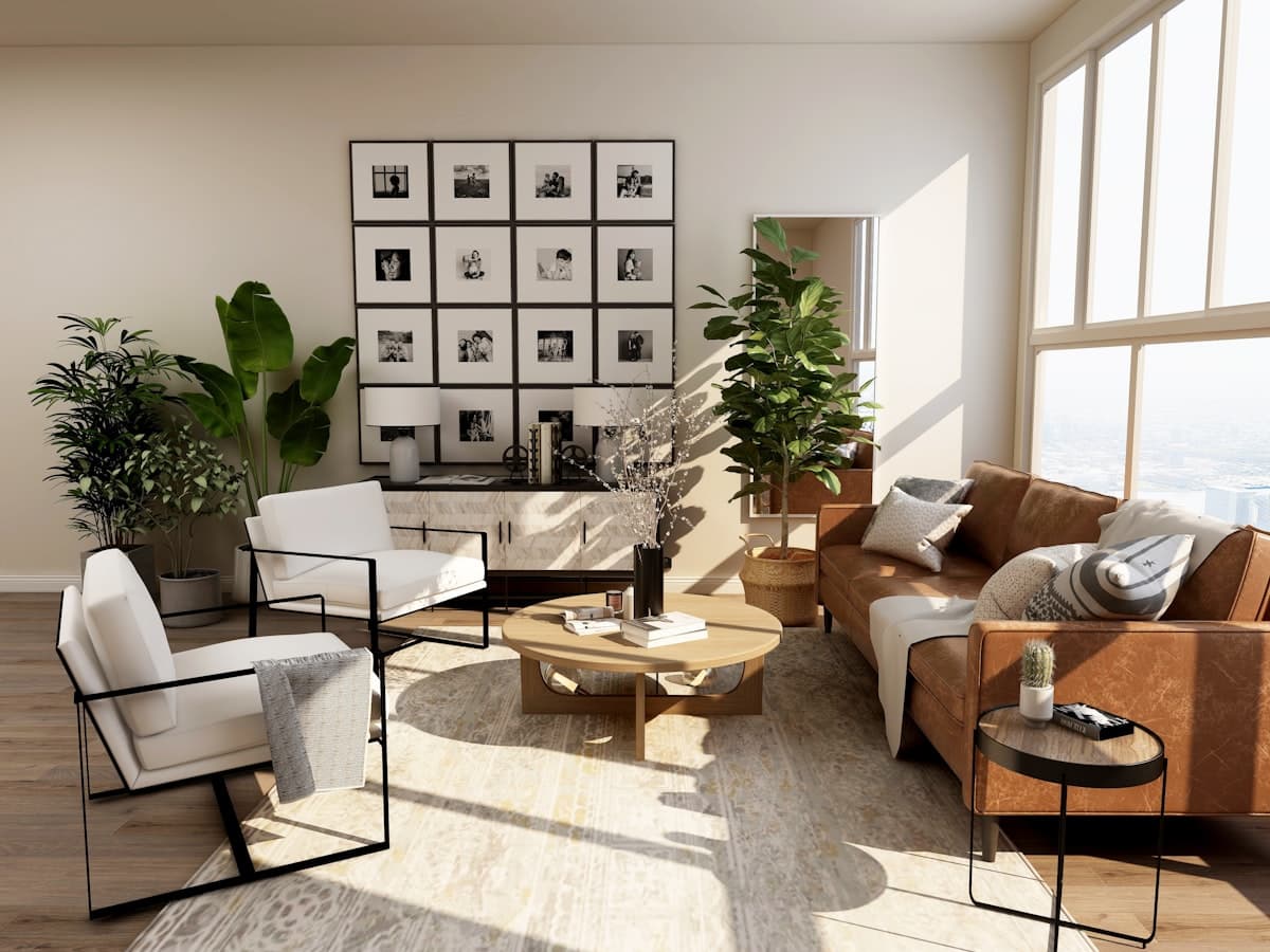 Bright, styled living room ready for regular residential cleaning
